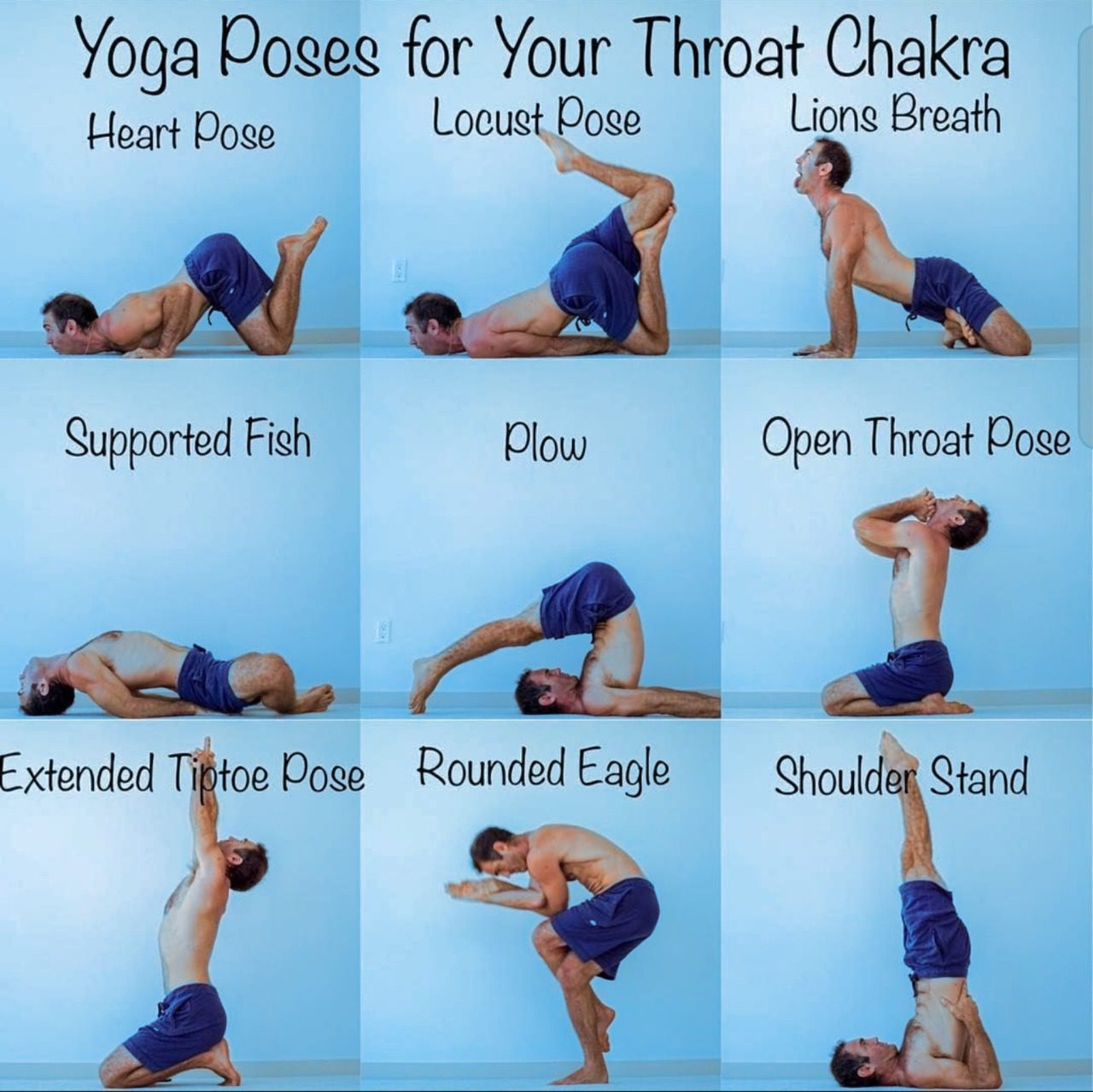 A man doing all the poses of throat chakras
